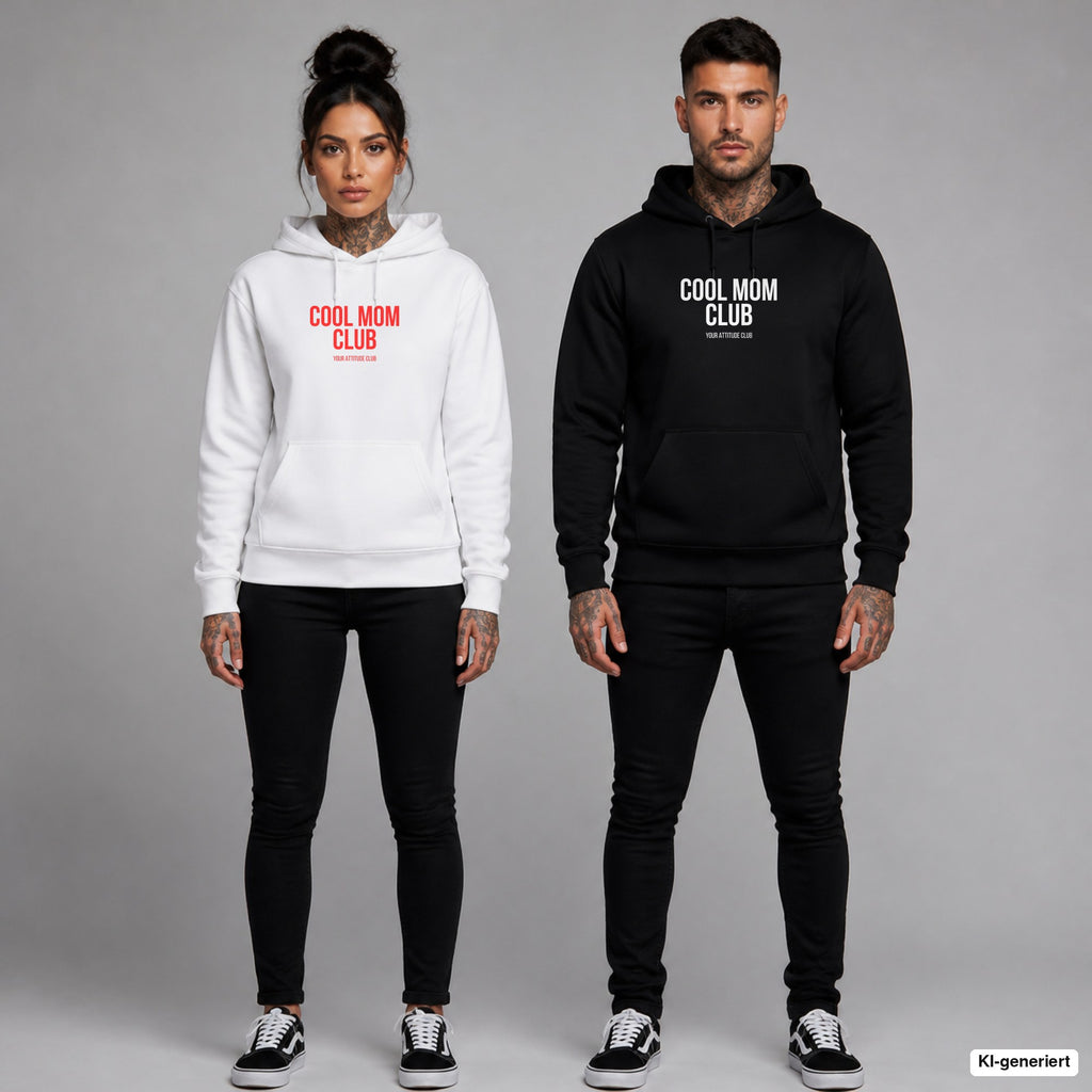 COOL MOM CLUB – Hoodie mit Frontprint, Frau in Weiß mit rotem und Mann in Schwarz mit weißem Aufdruck