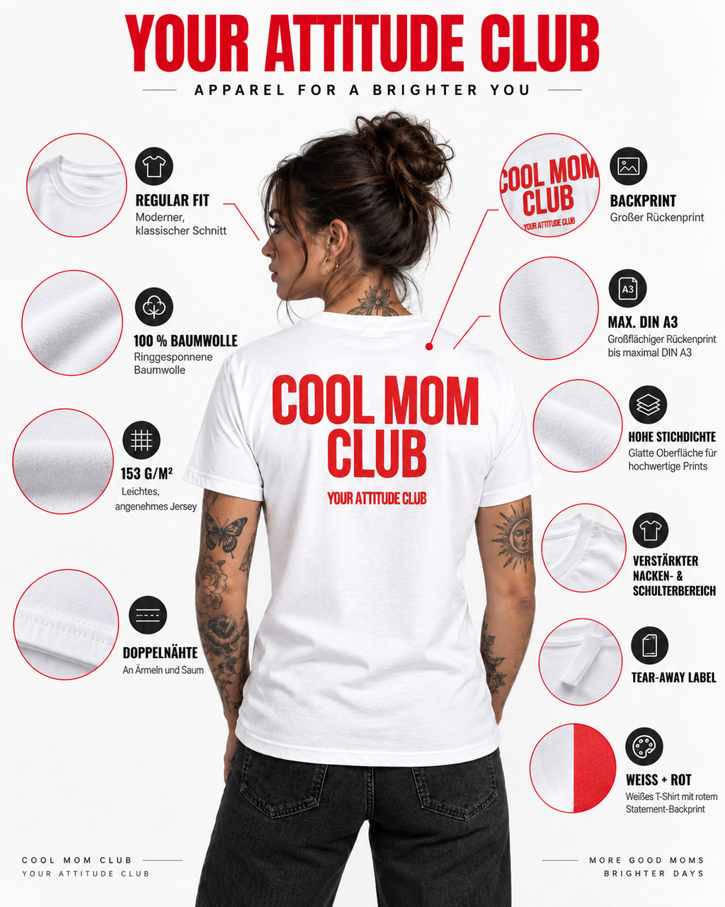 COOL MOM CLUB – Unisex Statement T-Shirt Weiß mit rotem Backprint | freches Mama Sprüche Shirt für Erwachsene
