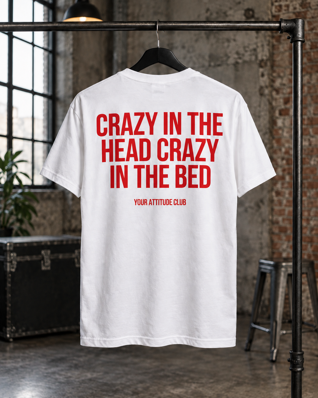 CRAZY IN THE HEAD CRAZY IN THE BED – Unisex Statement T-Shirt Weiß mit rotem Backprint | freches doppeldeutiges Sprüche Shirt