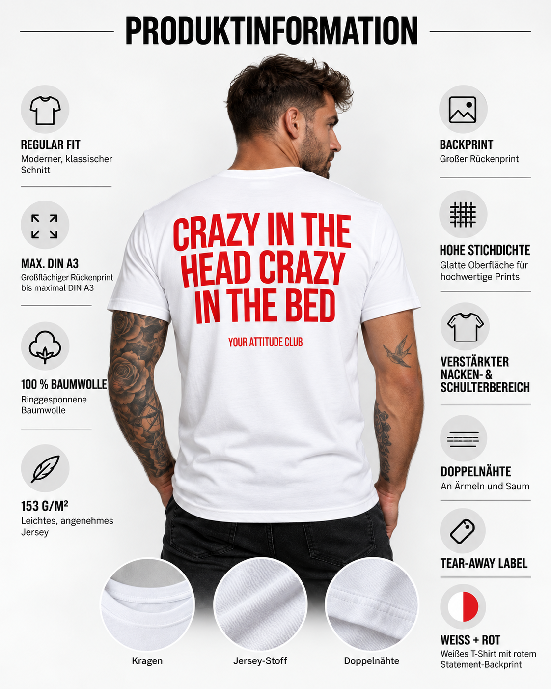 CRAZY IN THE HEAD CRAZY IN THE BED – Unisex Statement T-Shirt Weiß mit rotem Backprint | freches doppeldeutiges Sprüche Shirt