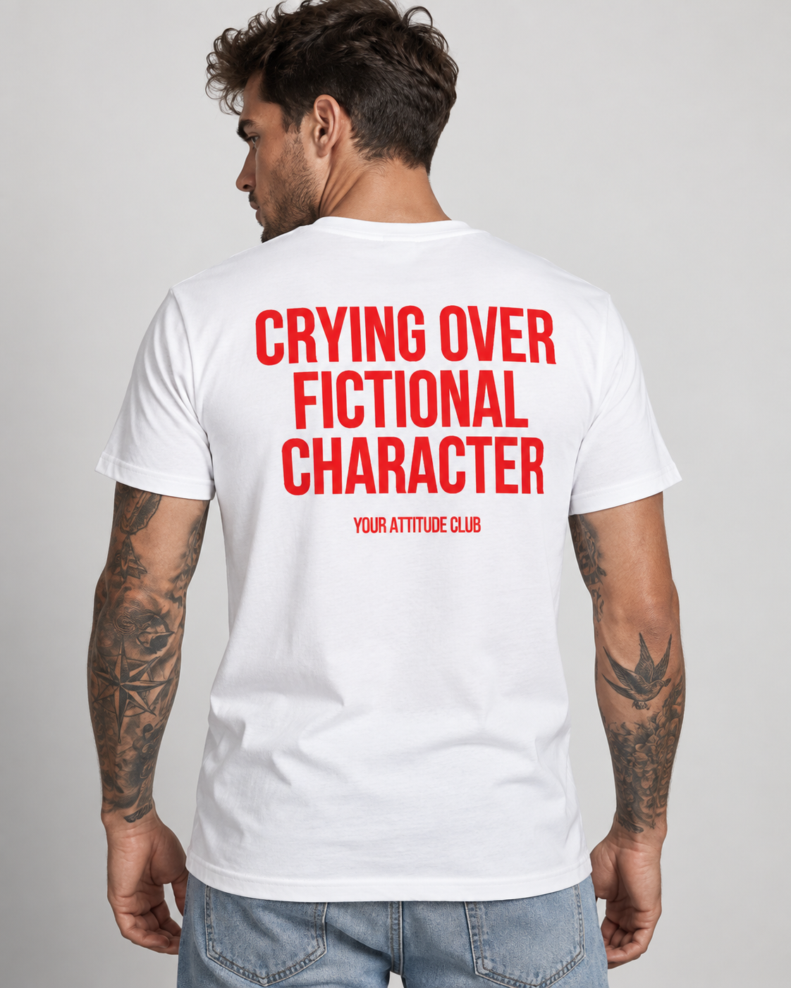 CRYING OVER FICTIONAL CHARACTER – Unisex Statement T-Shirt Weiß mit rotem Backprint | lustiges Sprüche Shirt für Buch-, Serien- und Filmfans