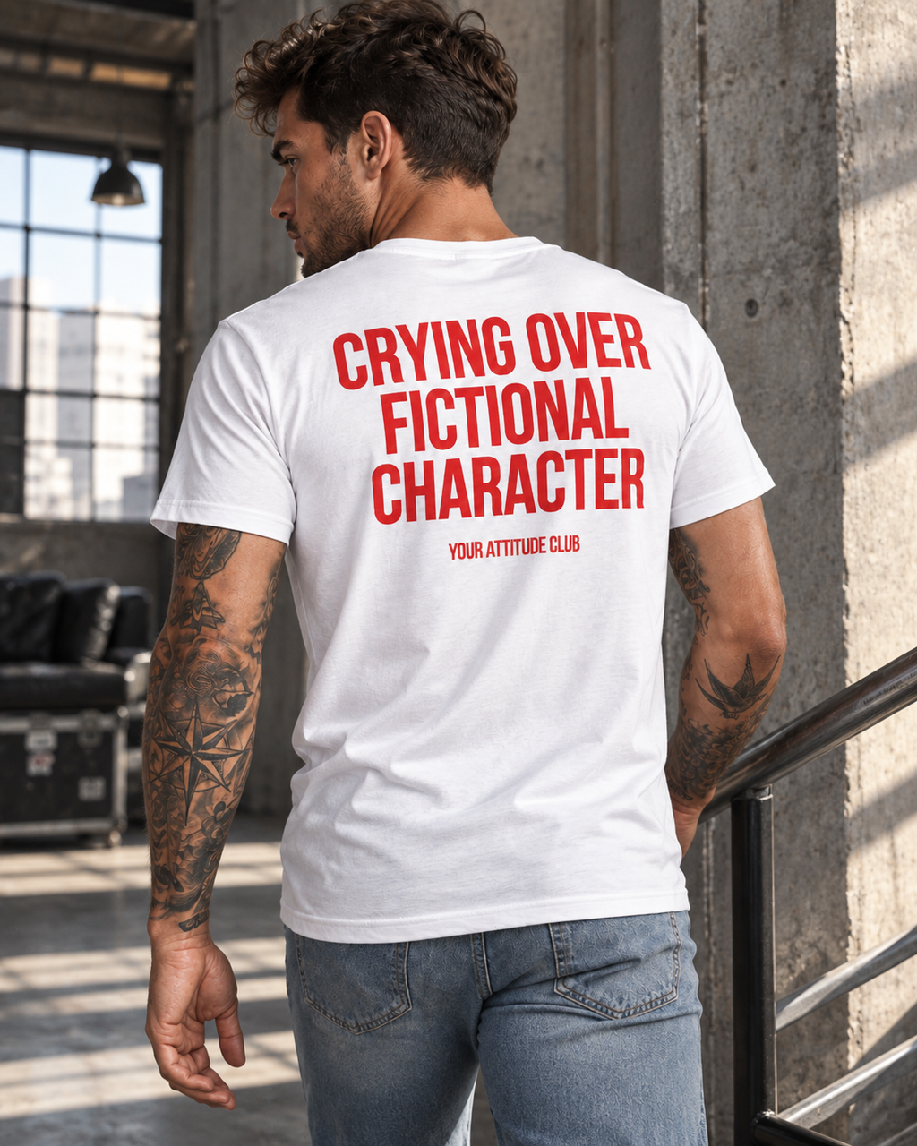CRYING OVER FICTIONAL CHARACTER – Unisex Statement T-Shirt Weiß mit rotem Backprint | lustiges Sprüche Shirt für Buch-, Serien- und Filmfans