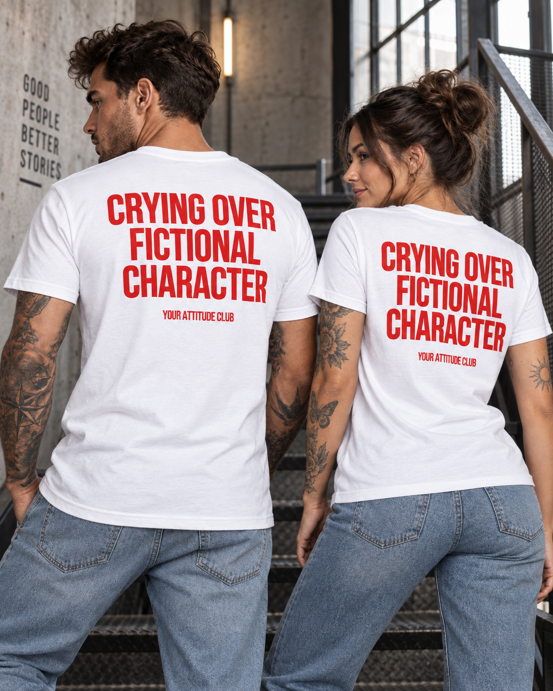 CRYING OVER FICTIONAL CHARACTER – Unisex Statement T-Shirt Weiß mit rotem Backprint | lustiges Sprüche Shirt für Buch-, Serien- und Filmfans