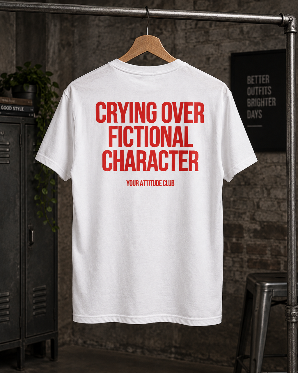 CRYING OVER FICTIONAL CHARACTER – Unisex Statement T-Shirt Weiß mit rotem Backprint | lustiges Sprüche Shirt für Buch-, Serien- und Filmfans