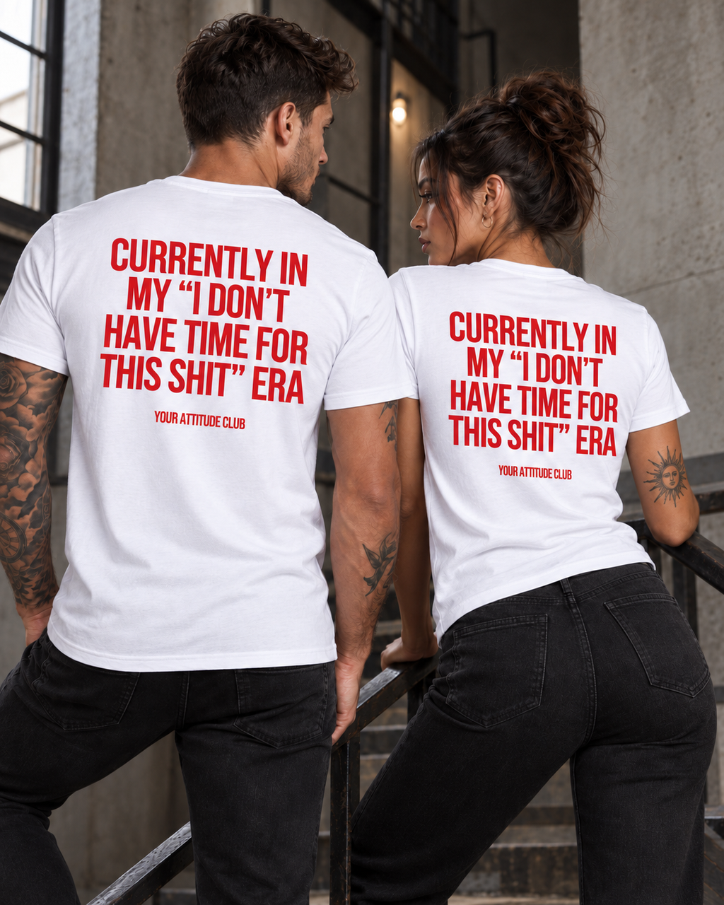 CURRENTLY IN MY “I DON’T HAVE TIME FOR THIS SHIT” ERA – Unisex Statement T-Shirt Weiß mit rotem Backprint | freches Sprüche Shirt