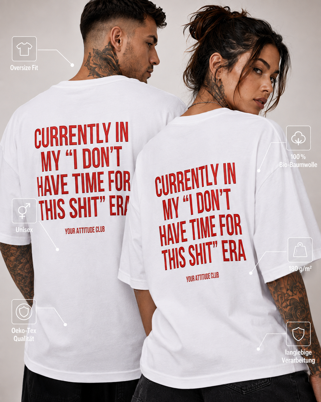 CURRENTLY IN MY “I DON’T HAVE TIME FOR THIS SHIT” ERA – weißes Unisex Oversize Shirt mit rotem Backprint, freches Statement T-Shirt, Streetwear Geschenk