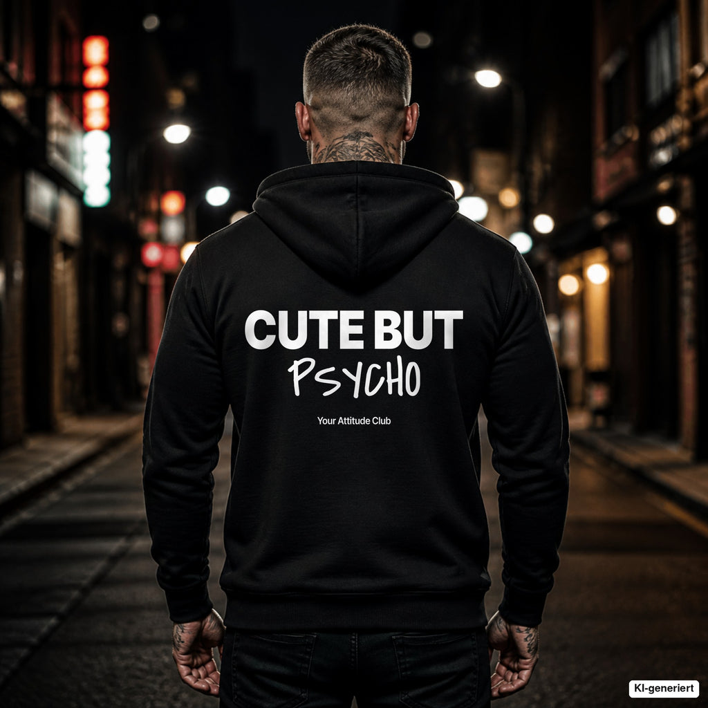 Cute But Psycho – schwarzer Hoodie mit weißem Backprint, Herren in der Stadt bei Nacht