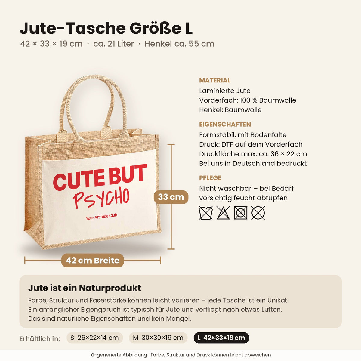 Cute But Psycho – Jutetasche mit Spruch, Maße, Material und Pflege