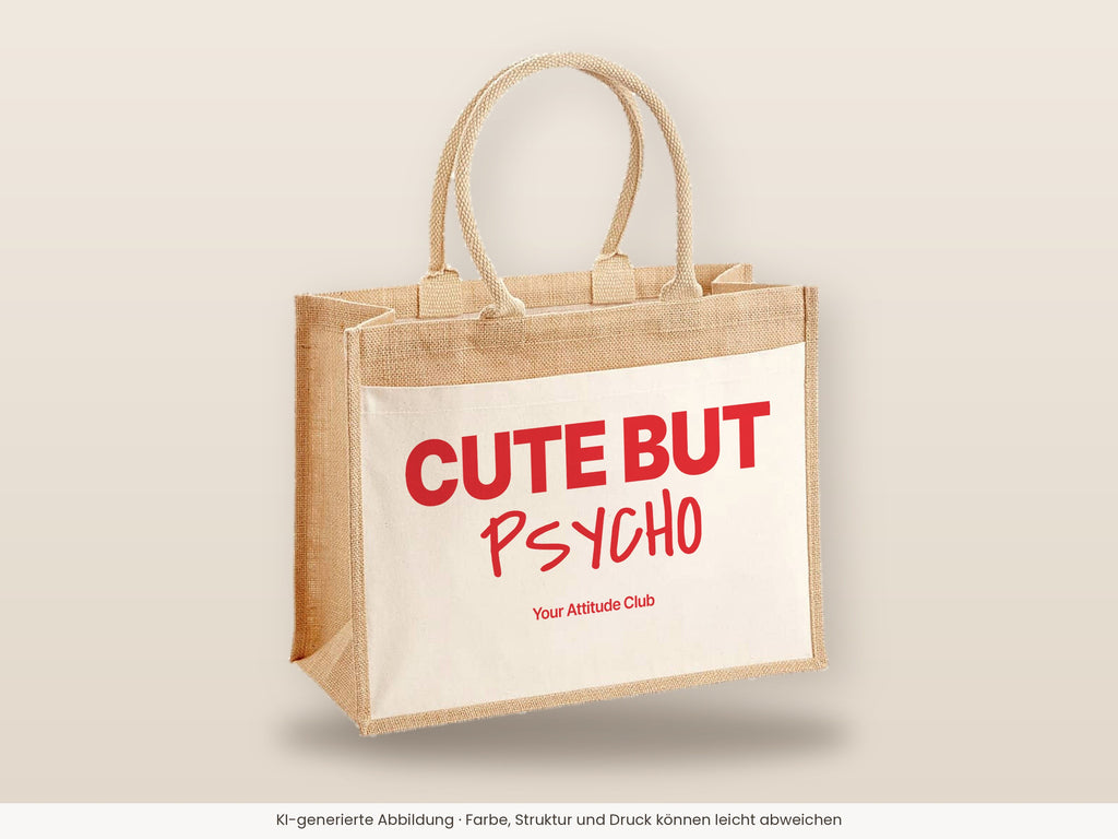 Cute But Psycho – Jutetasche mit Spruch, große Jutetasche, Detailansicht