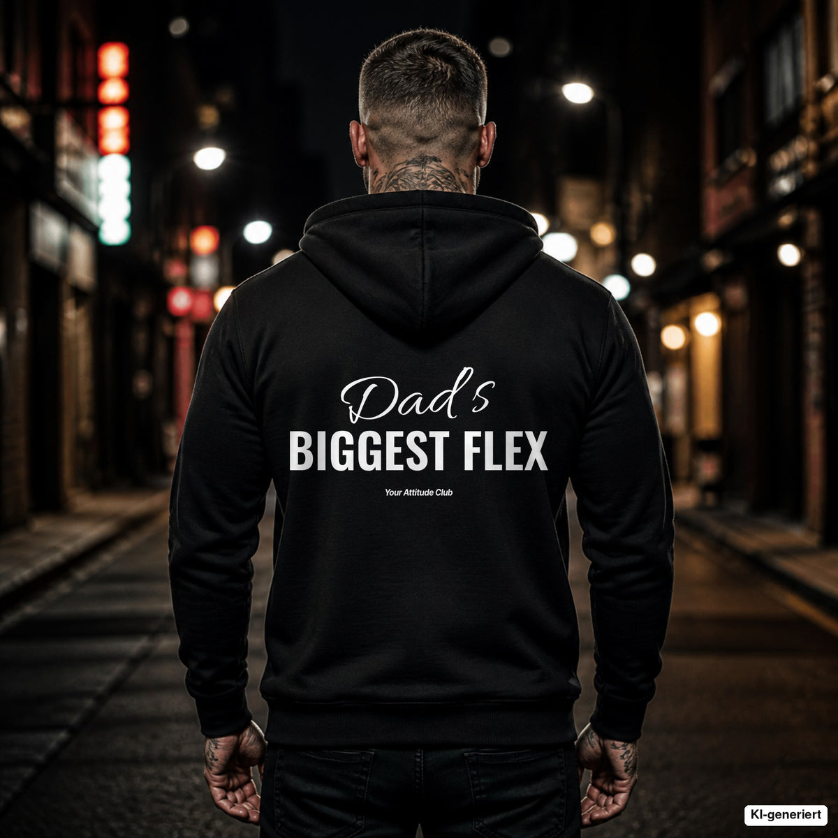 Dad’s Biggest Flex – schwarzer Hoodie mit weißem Backprint, Herren in der Stadt bei Nacht
