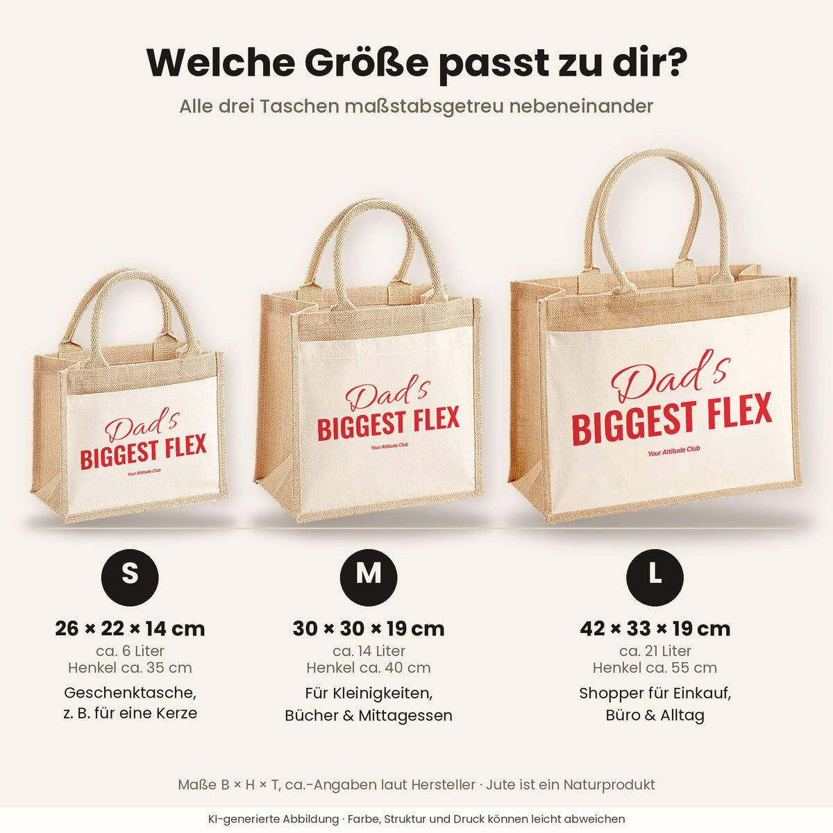 Dad’s Biggest Flex – Jutetasche mit Spruch, Größenvergleich klein, mittel, groß