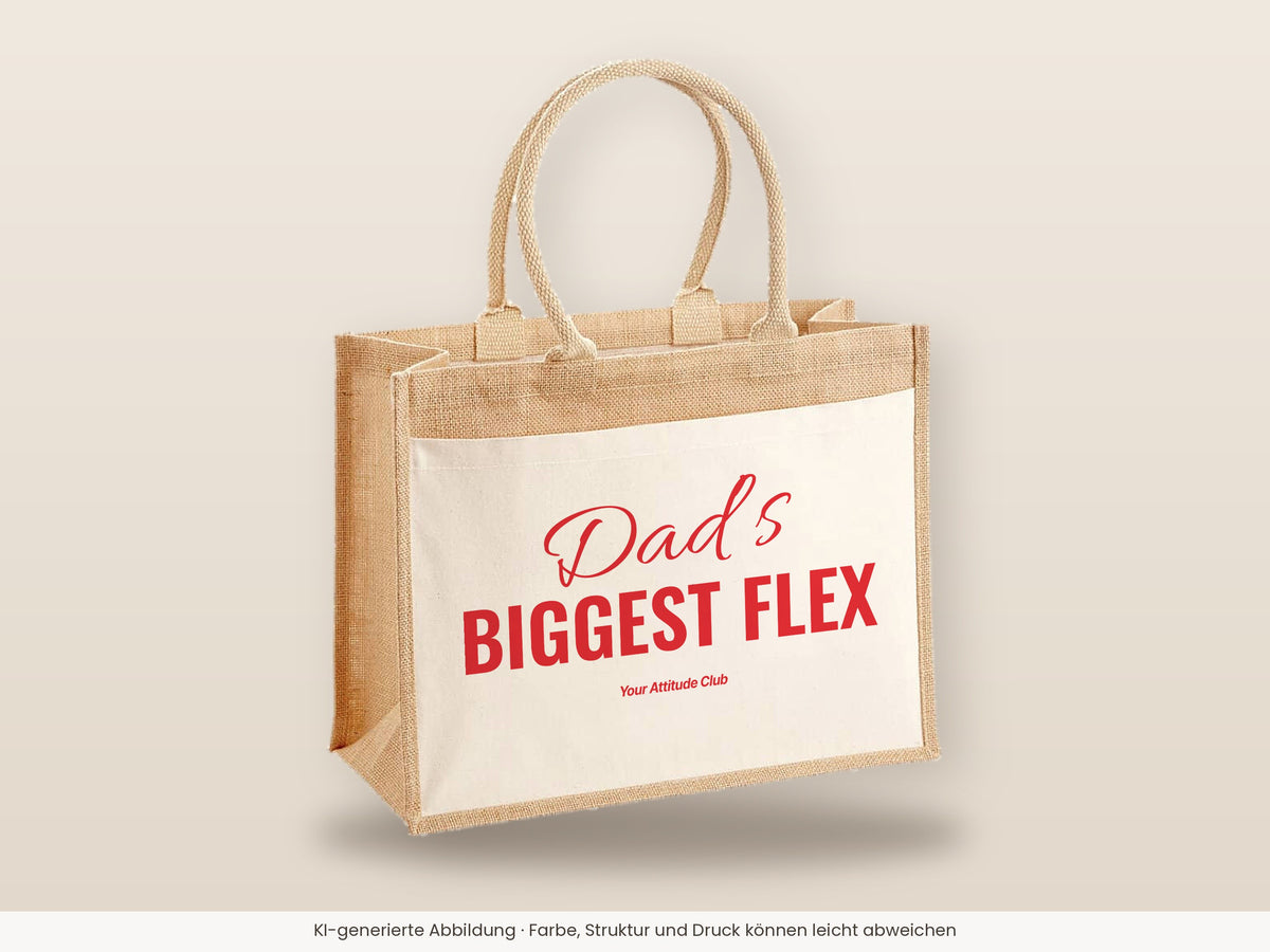 Dad’s Biggest Flex – Jutetasche mit Spruch, große Jutetasche, Detailansicht