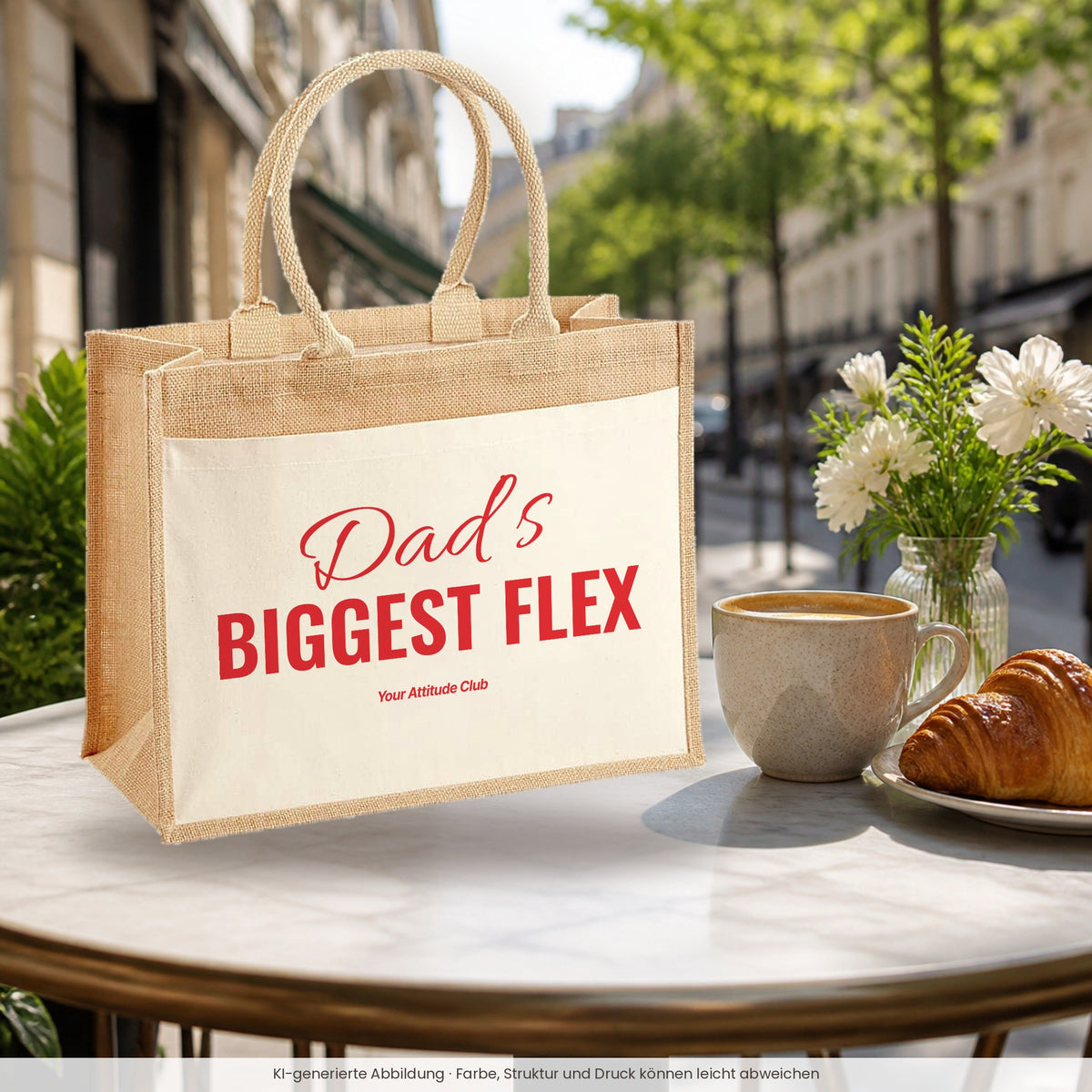 Dad’s Biggest Flex – Jutetasche mit Spruch, im Café