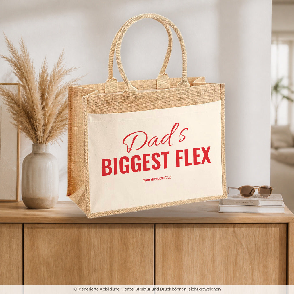 Dad’s Biggest Flex – Jutetasche mit Spruch, auf dem Sideboard im Flur