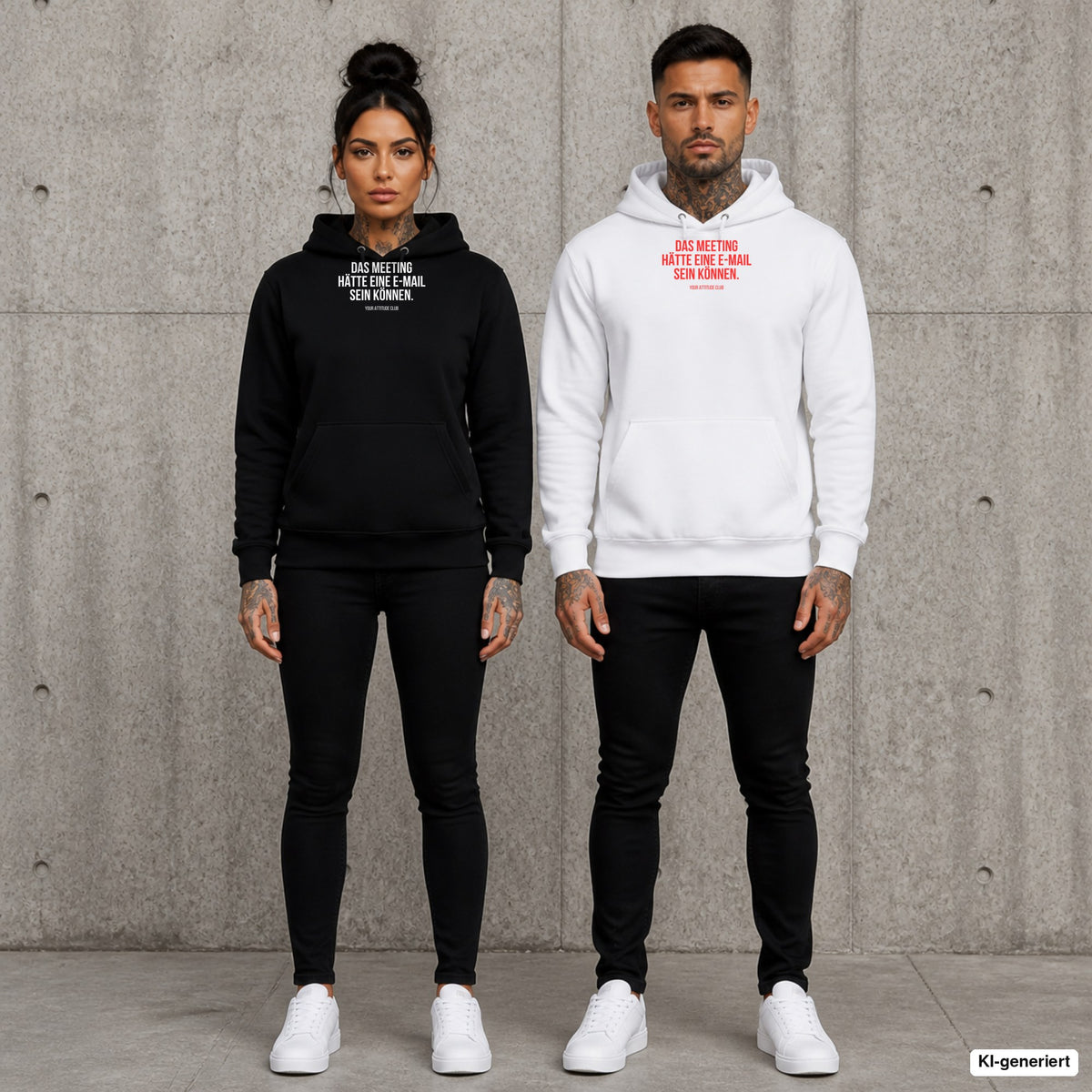 Das Meeting hätte eine E-Mail sein können – Hoodie mit Frontprint, Frau in Schwarz und Mann in Weiß vor Betonwand