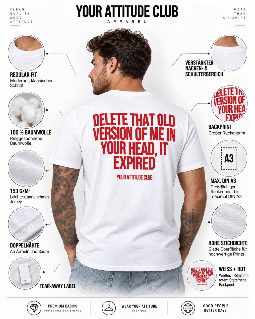 DELETE THAT OLD VERSION OF ME IN YOUR HEAD, IT EXPIRED – Unisex Statement T-Shirt Weiß mit rotem Backprint | selbstbewusstes Sprüche Shirt