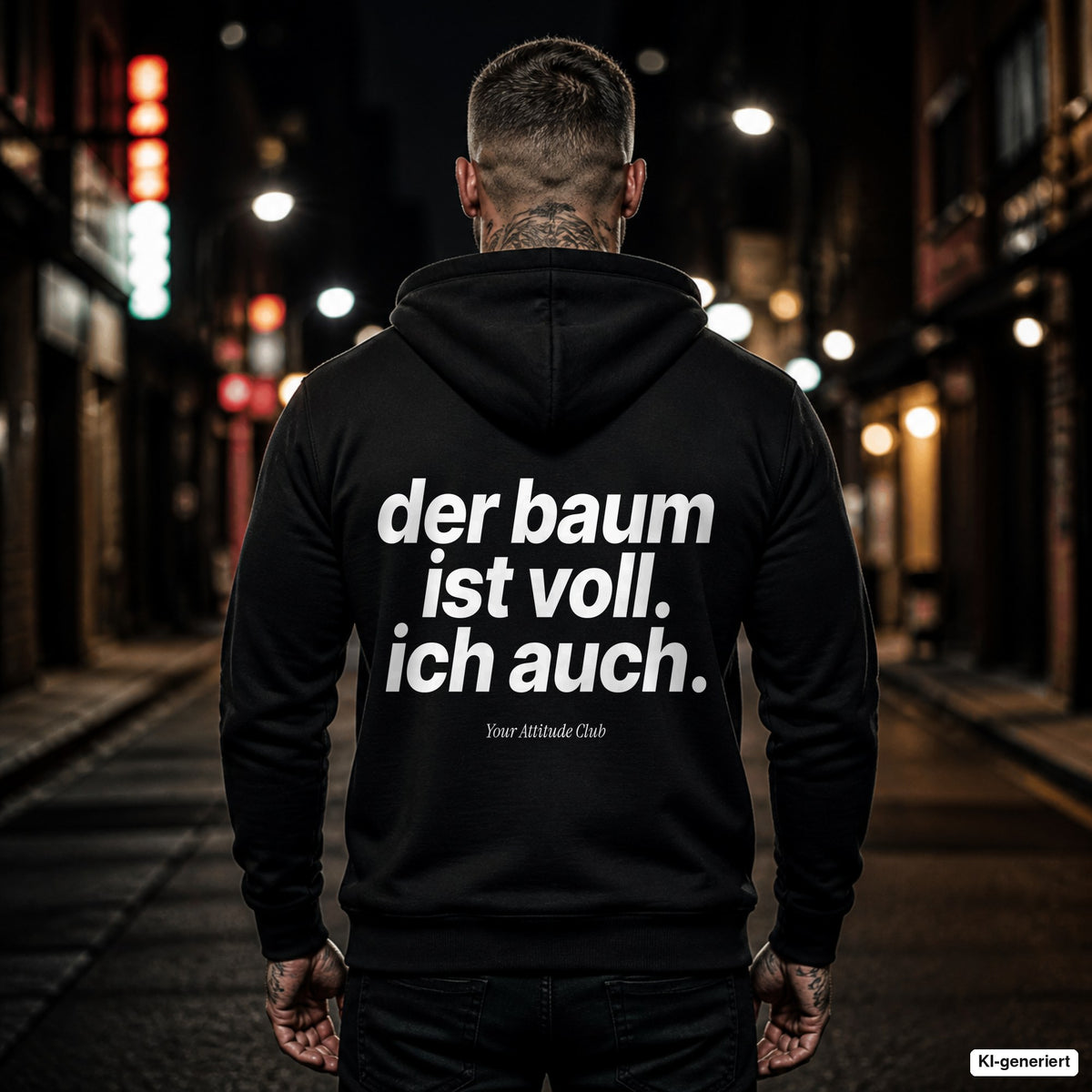 Der Baum ist voll. Ich auch – schwarzer Hoodie mit weißem Backprint, Herren in der Stadt bei Nacht