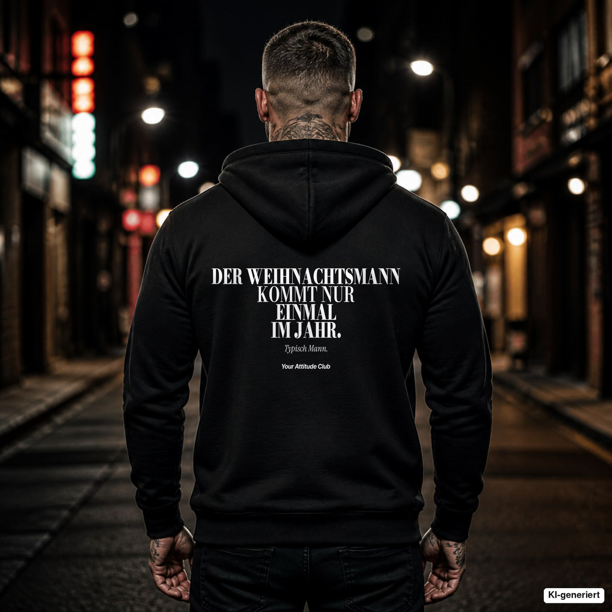 Der Weihnachtsmann kommt nur einmal im Jahr. Typisch Mann – schwarzer Hoodie mit weißem Backprint, Herren in der Stadt bei Nacht