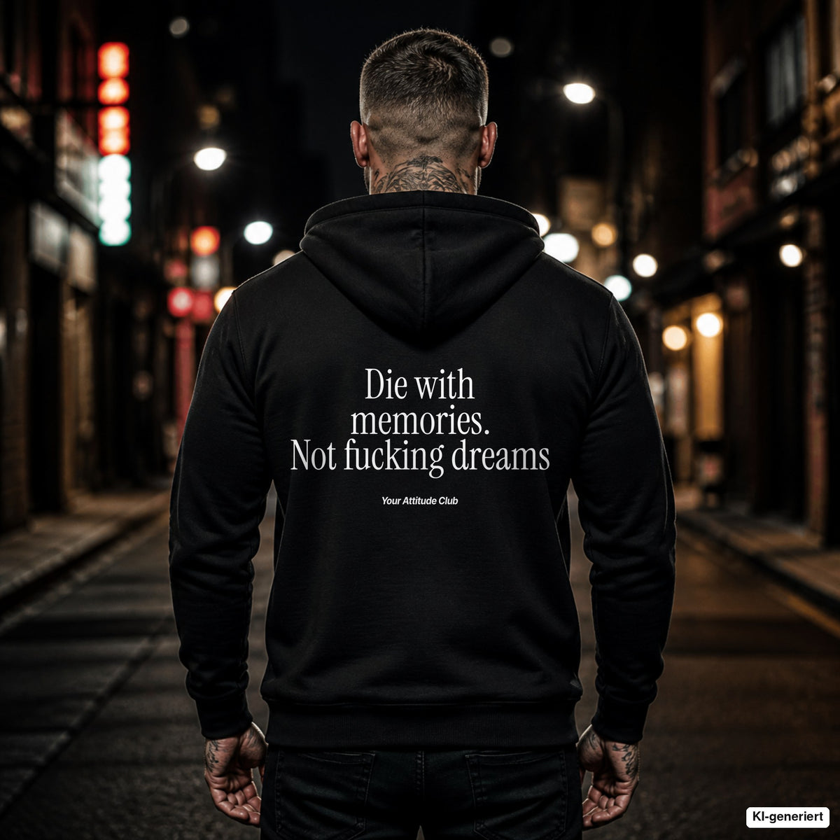 Die with memories. Not fucking dreams – schwarzer Hoodie mit weißem Backprint, Herren in der Stadt bei Nacht