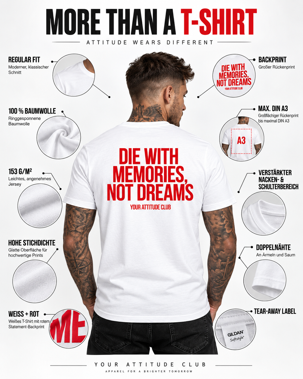 DIE WITH MEMORIES, NOT DREAMS – Unisex Statement T-Shirt Weiß mit rotem Backprint | inspirierendes Sprüche Shirt