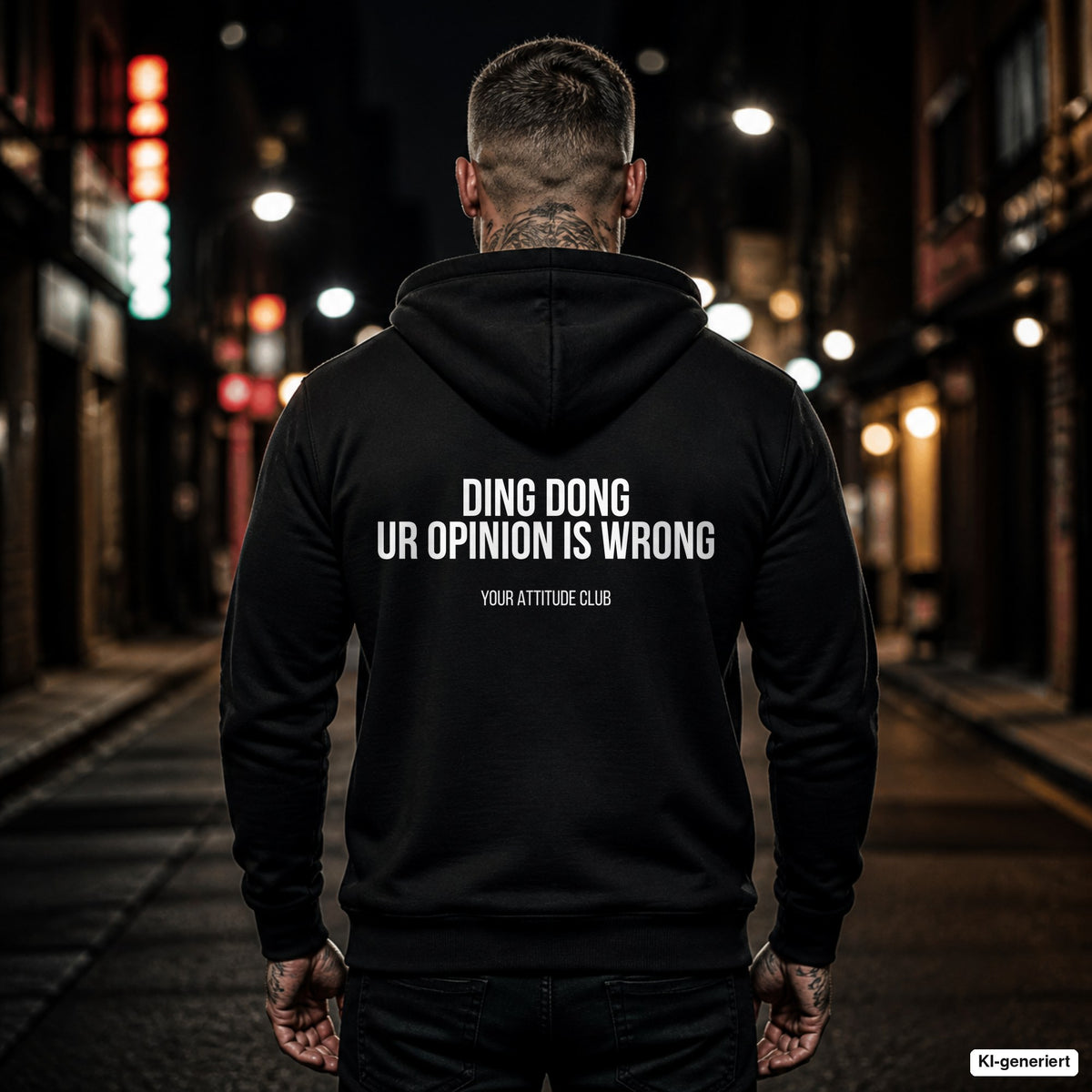 Ding dong ur opinion is wrong – schwarzer Hoodie mit weißem Backprint, Herren in der Stadt bei Nacht