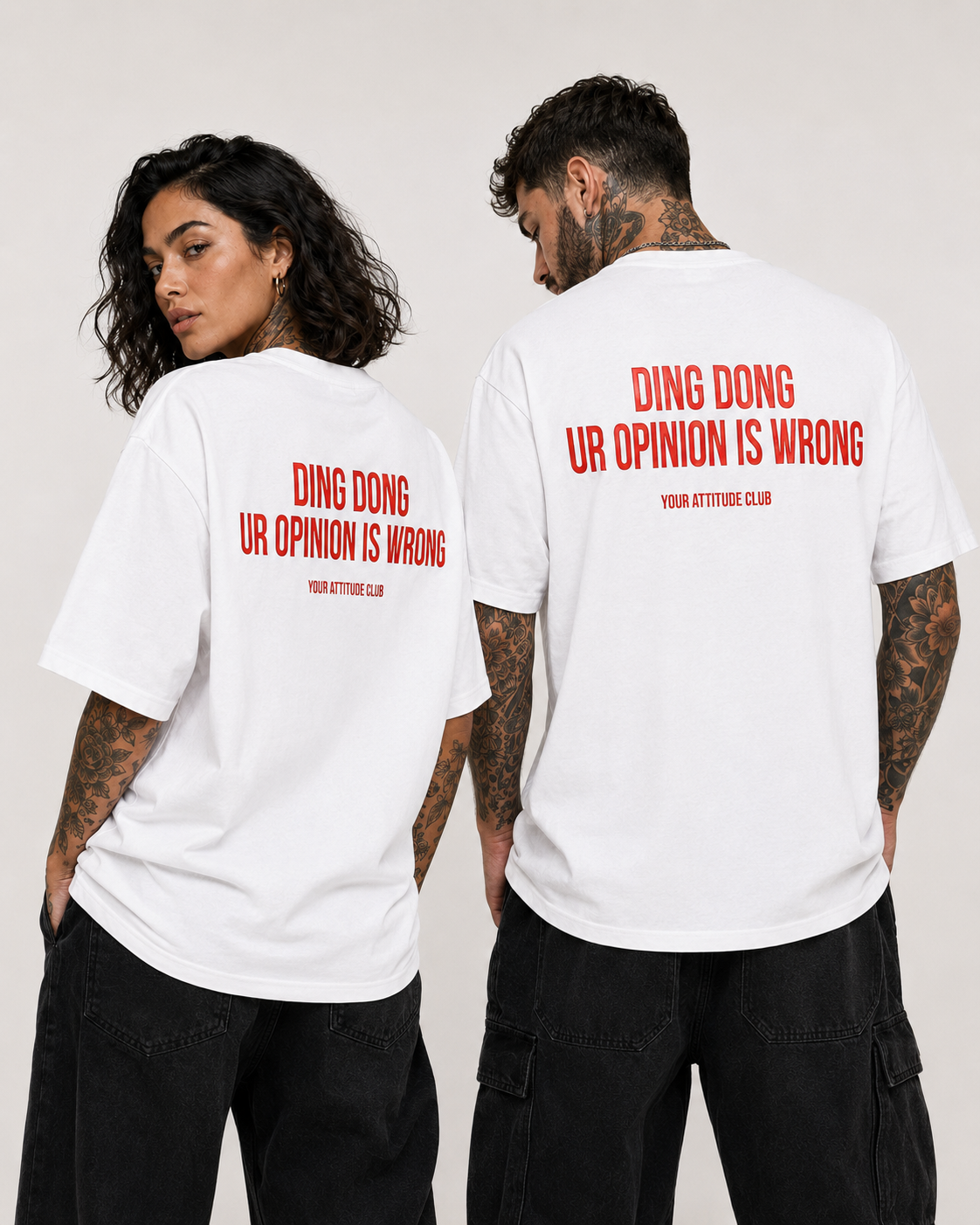 DING DONG UR OPINION IS WRONG – weißes Unisex Oversize Shirt mit rotem Backprint, freches Statement T-Shirt, sarkastisches Streetwear Geschenk