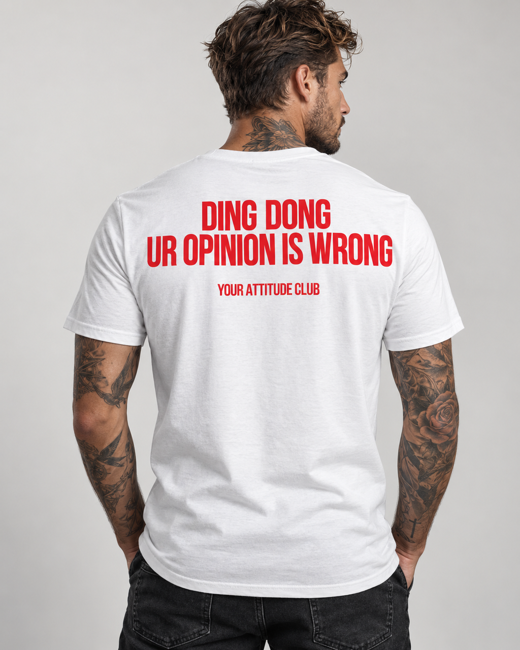 DING DONG UR OPINION IS WRONG – Unisex Statement T-Shirt Weiß mit rotem Backprint | freches Sprüche Shirt