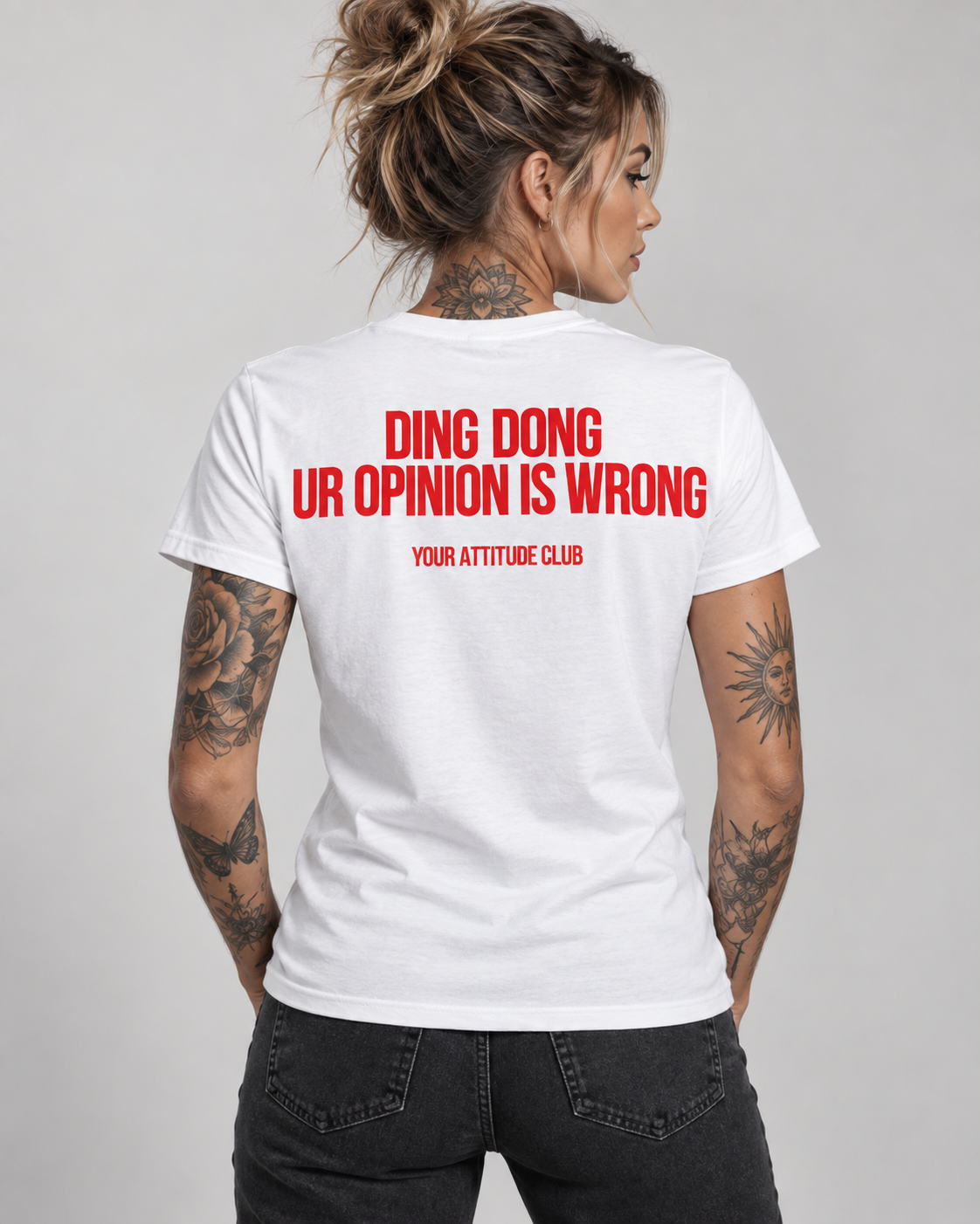 DING DONG UR OPINION IS WRONG – Unisex Statement T-Shirt Weiß mit rotem Backprint | freches Sprüche Shirt