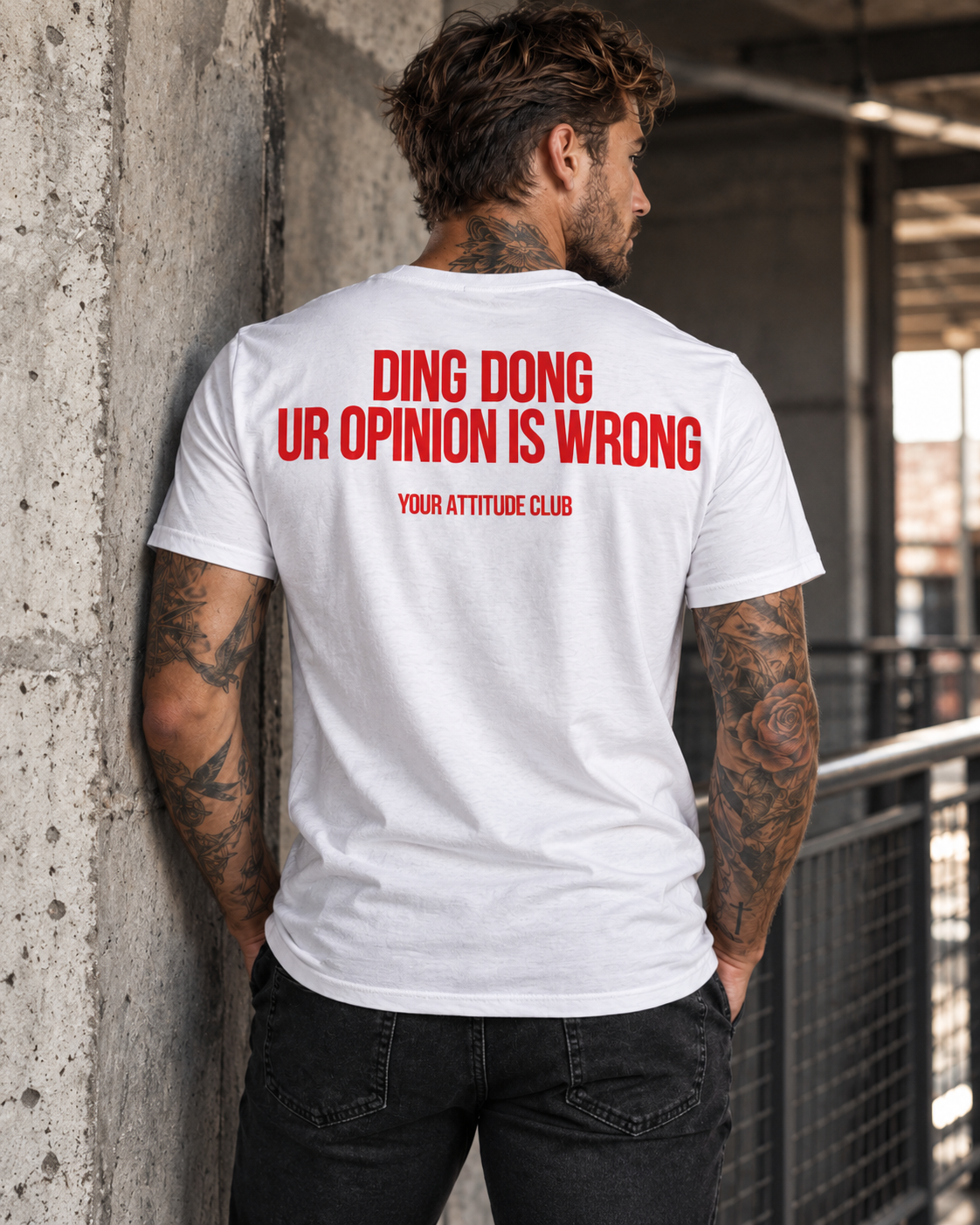 DING DONG UR OPINION IS WRONG – Unisex Statement T-Shirt Weiß mit rotem Backprint | freches Sprüche Shirt