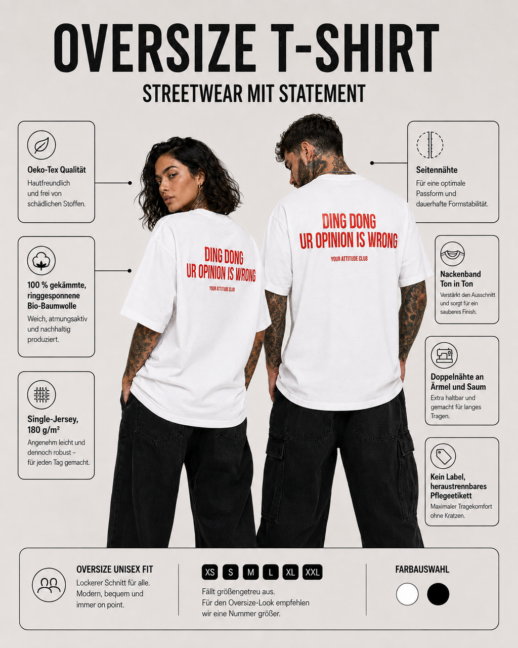 DING DONG UR OPINION IS WRONG – weißes Unisex Oversize Shirt mit rotem Backprint, freches Statement T-Shirt, sarkastisches Streetwear Geschenk