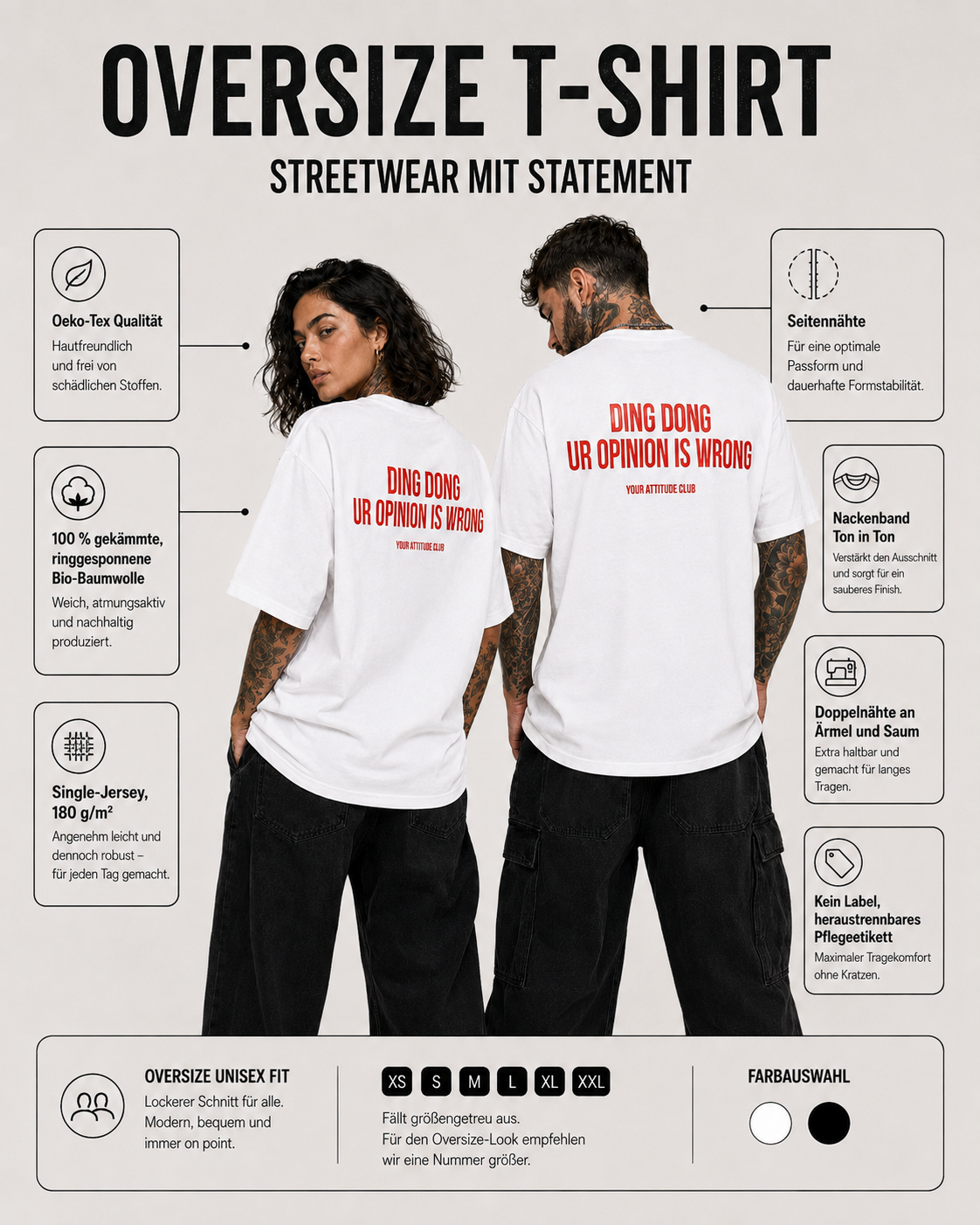 DING DONG UR OPINION IS WRONG – weißes Unisex Oversize Shirt mit rotem Backprint, freches Statement T-Shirt, sarkastisches Streetwear Geschenk