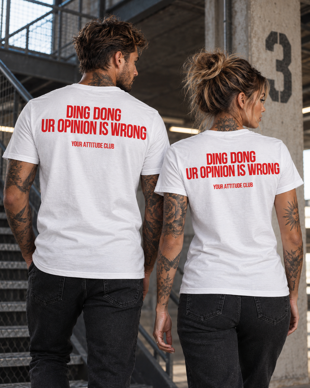 DING DONG UR OPINION IS WRONG – Unisex Statement T-Shirt Weiß mit rotem Backprint | freches Sprüche Shirt
