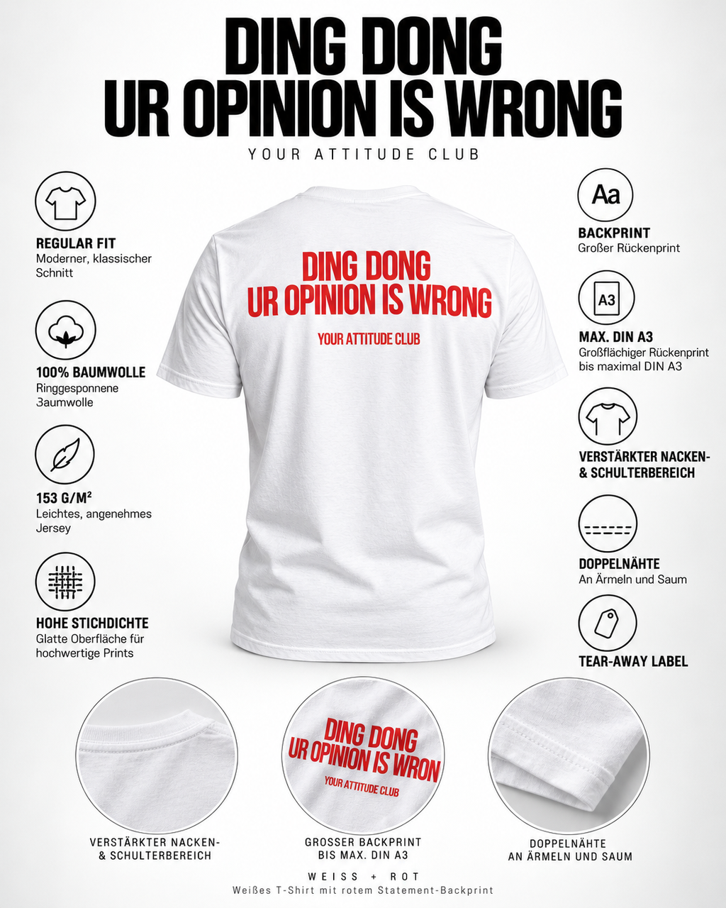 DING DONG UR OPINION IS WRONG – Unisex Statement T-Shirt Weiß mit rotem Backprint | freches Sprüche Shirt