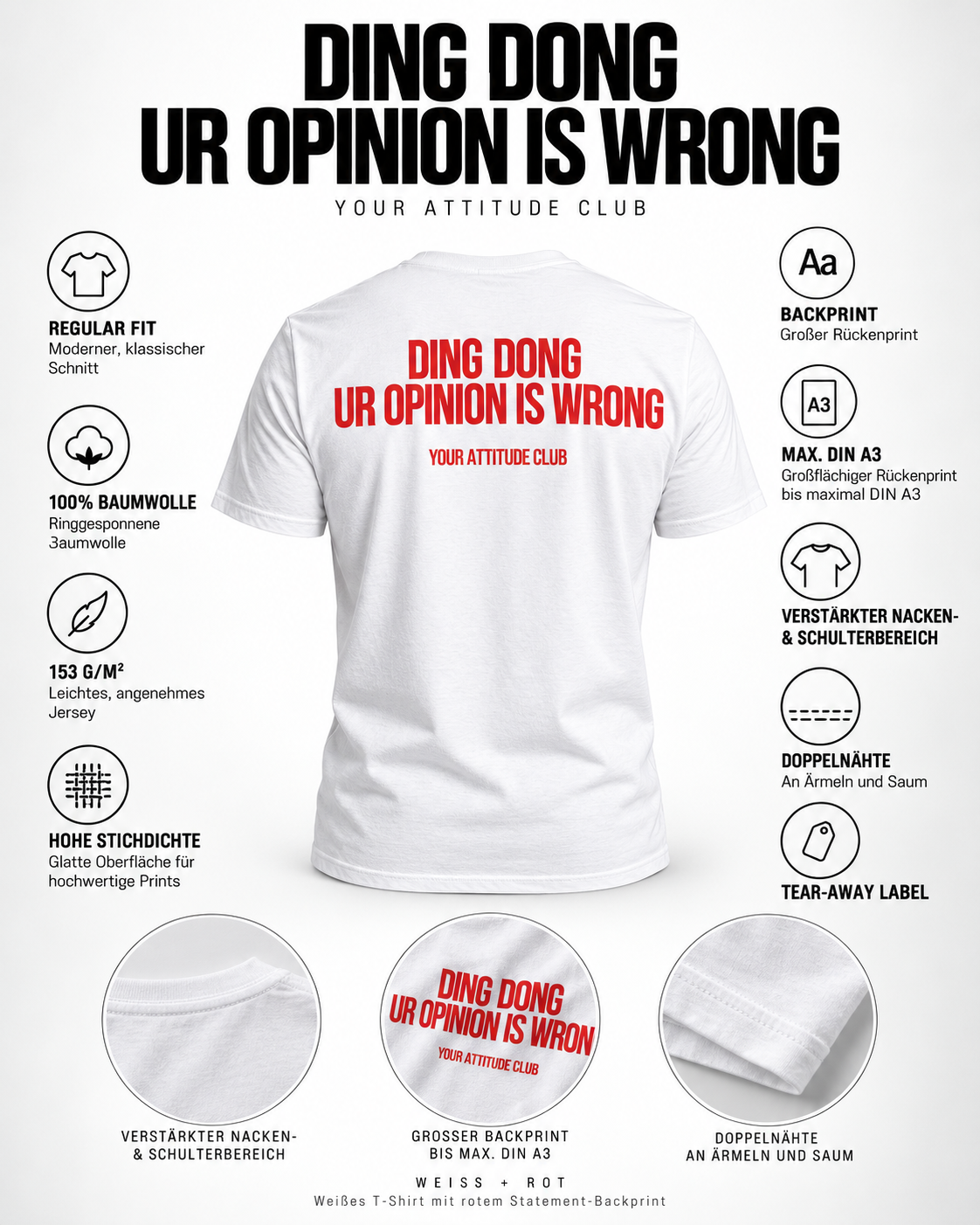 DING DONG UR OPINION IS WRONG – Unisex Statement T-Shirt Weiß mit rotem Backprint | freches Sprüche Shirt