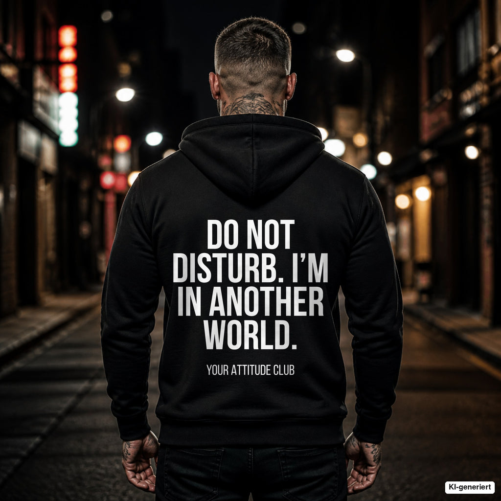 Do not disturb. I’m in another world. – schwarzer Hoodie mit weißem Backprint, Herren in der Stadt bei Nacht