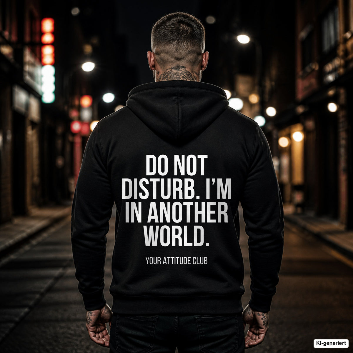 Do not disturb. I’m in another world. – schwarzer Hoodie mit weißem Backprint, Herren in der Stadt bei Nacht