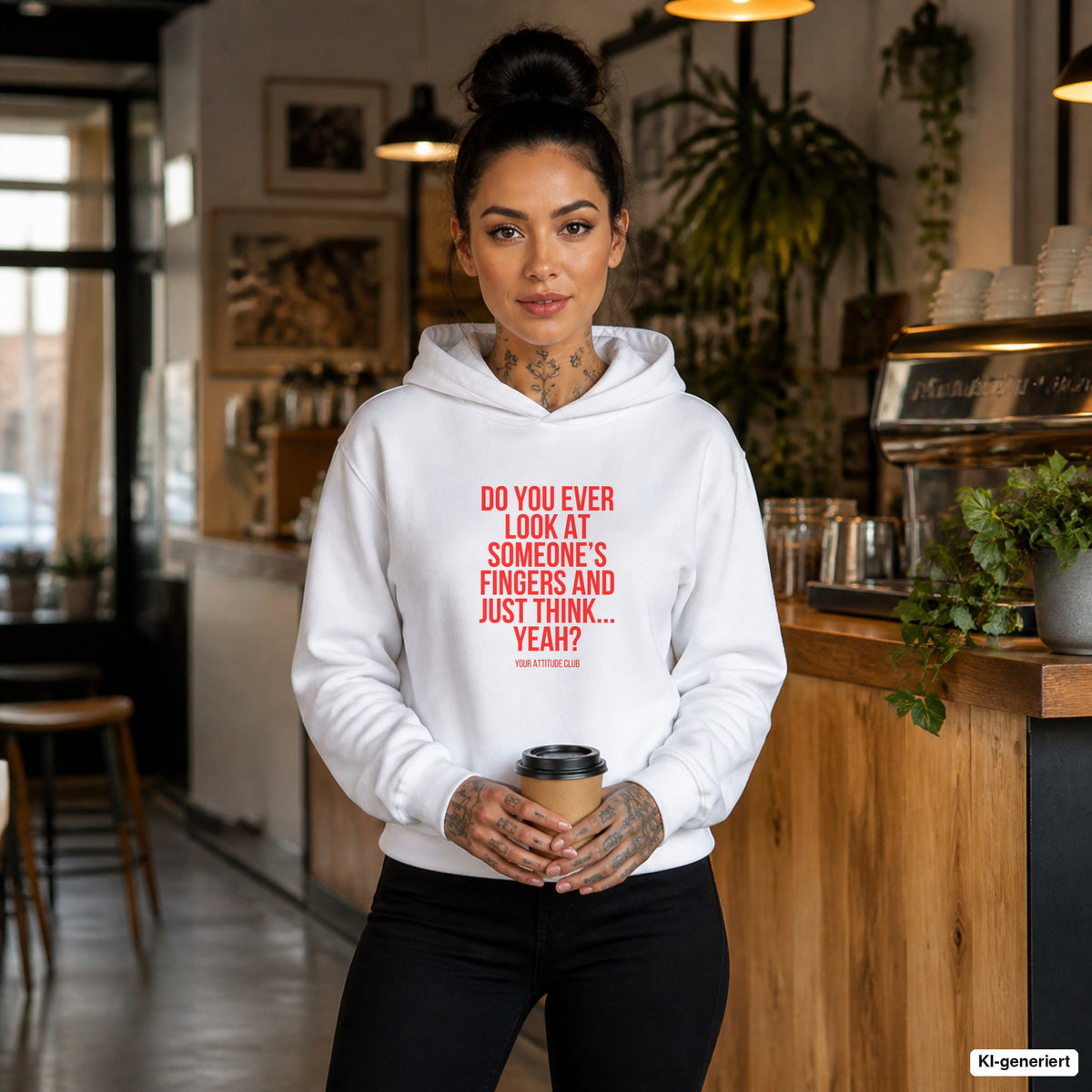 Do you ever look at someone’s fingers and just think... yeah – weißer Hoodie mit rotem Frontprint, Damen im Café