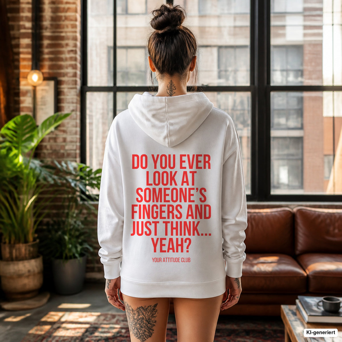 Do you ever look at someone’s fingers and just think... yeah – weißer Hoodie mit rotem Backprint, Damen im Loft