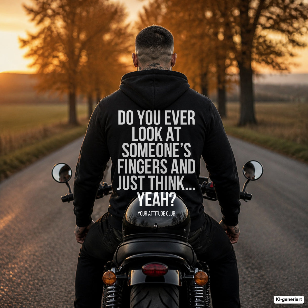 Do you ever look at someone’s fingers and just think... yeah – schwarzer Hoodie mit weißem Backprint, Herren auf dem Motorrad