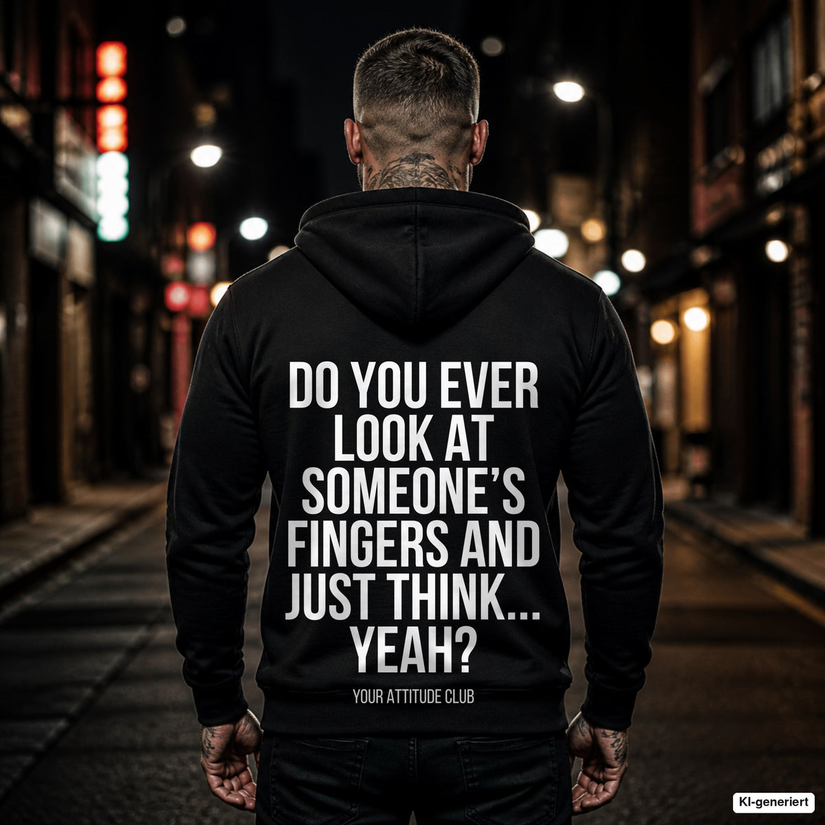 Do you ever look at someone’s fingers and just think... yeah – schwarzer Hoodie mit weißem Backprint, Herren in der Stadt bei Nacht