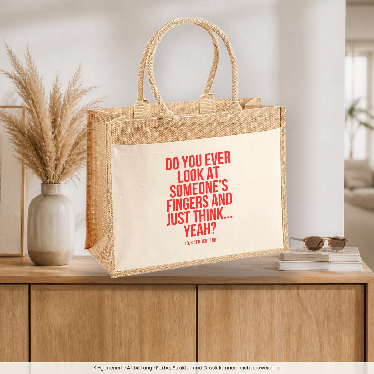 Do you ever look at someone's fingers and just think... yeah? – Jutetasche mit Spruch, auf dem Sideboard im Flur