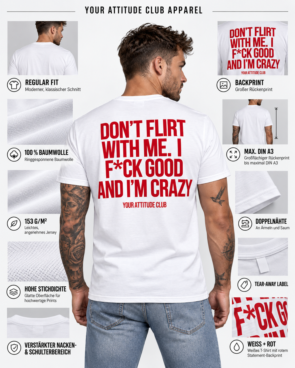 DON’T FLIRT WITH ME. I F*CK GOOD AND I’M CRAZY – Unisex Statement T-Shirt Weiß mit rotem Backprint | freches provokantes Sprüche Shirt