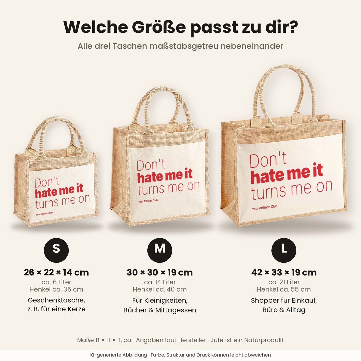 Don't hate me it turns me on – Jutetasche mit Spruch, Größenvergleich klein, mittel, groß