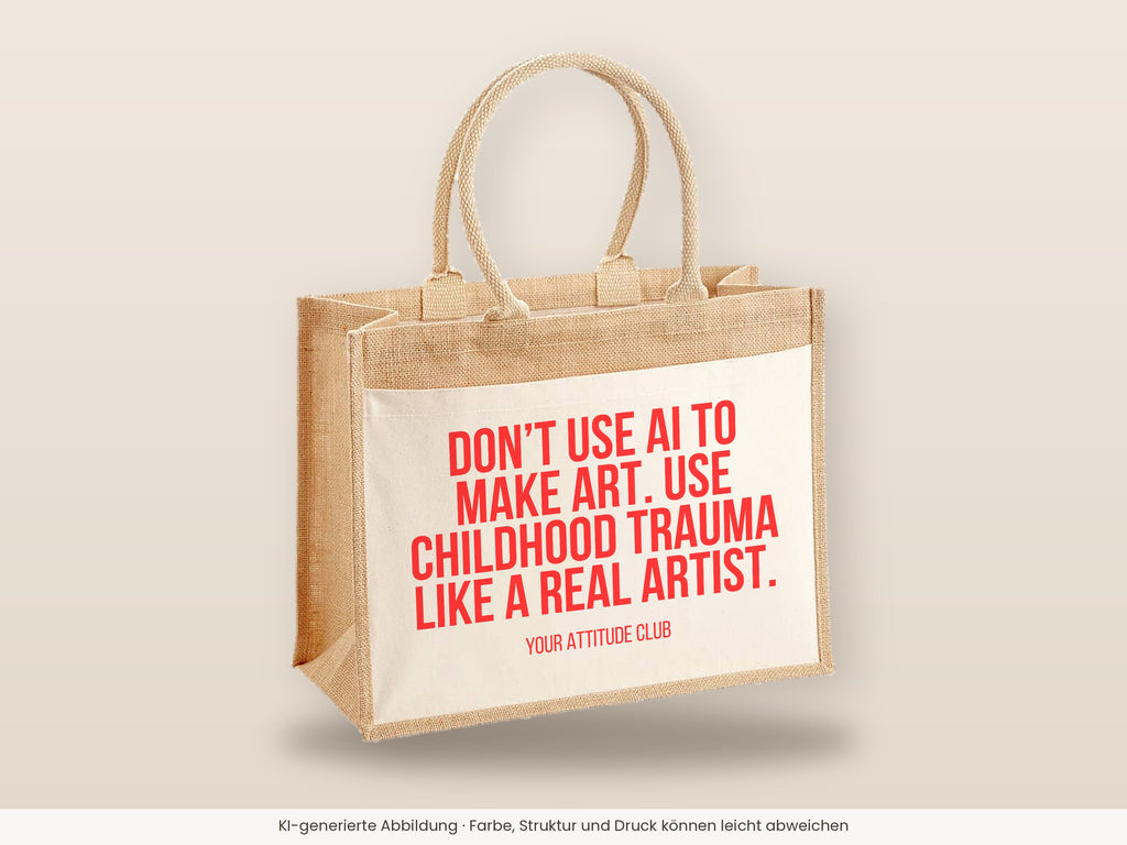 Don't use AI to make art. Use childhood trauma like a real artist. – Jutetasche mit Spruch, große Jutetasche, Detailansicht