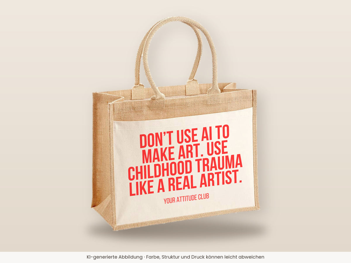 Don't use AI to make art. Use childhood trauma like a real artist. – Jutetasche mit Spruch, große Jutetasche, Detailansicht
