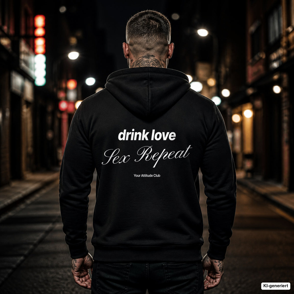 Drink Love Sex Repeat – schwarzer Hoodie mit weißem Backprint, Herren in der Stadt bei Nacht