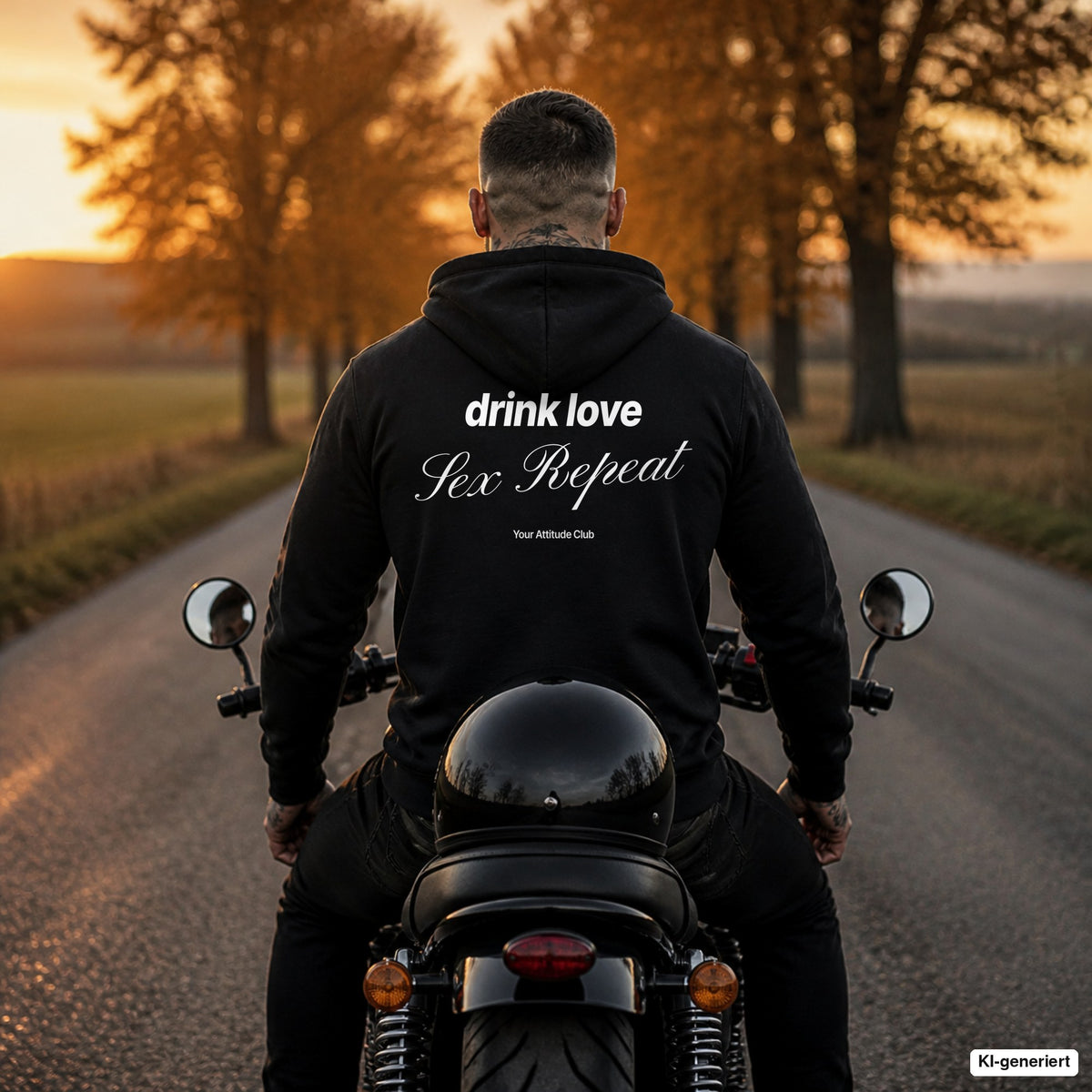 Drink Love Sex Repeat – schwarzer Hoodie mit weißem Backprint, Herren auf dem Motorrad