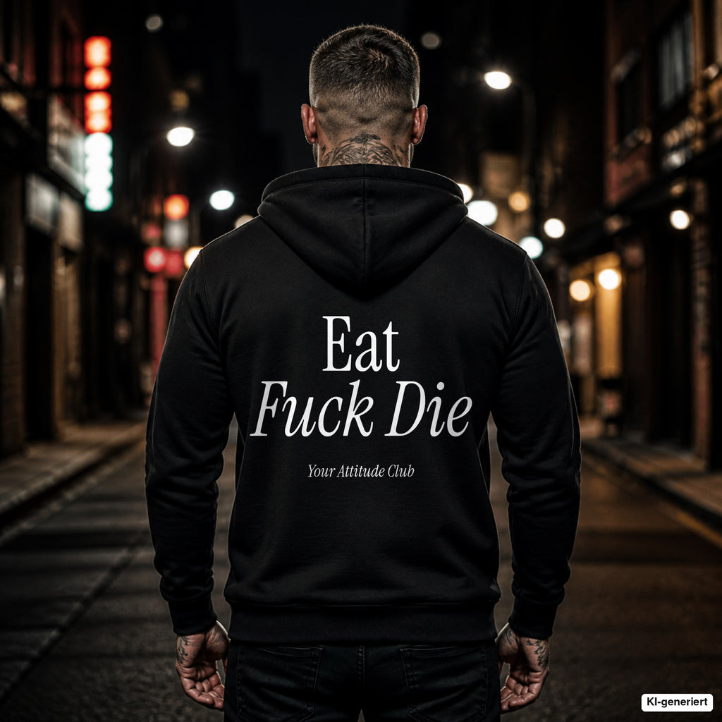 Eat Fuck Die – schwarzer Hoodie mit weißem Backprint, Herren in der Stadt bei Nacht