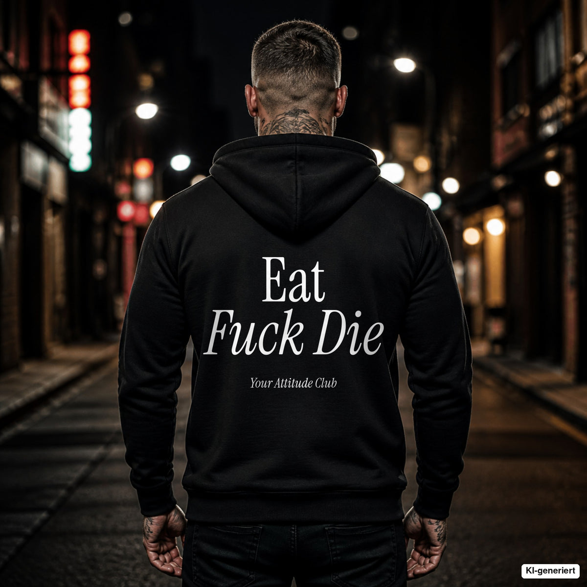 Eat Fuck Die – schwarzer Hoodie mit weißem Backprint, Herren in der Stadt bei Nacht