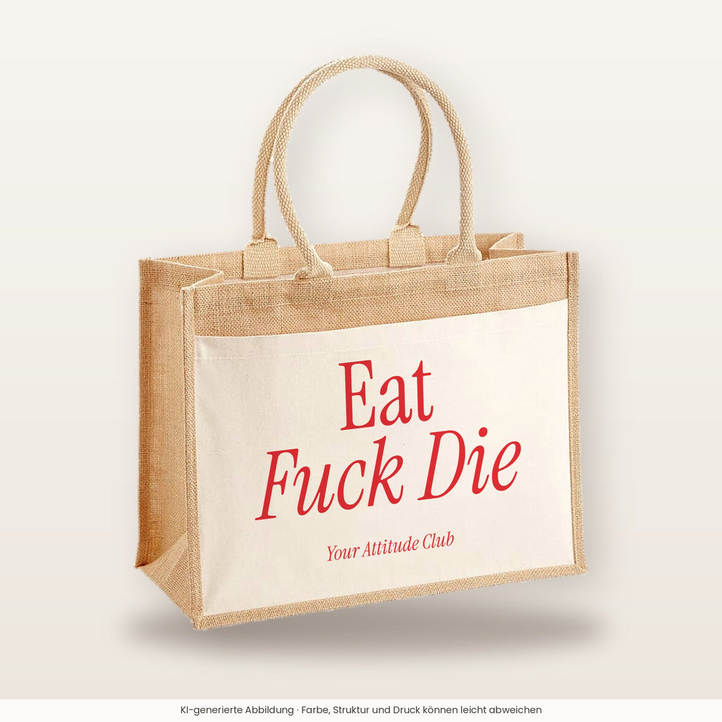 Eat Fuck Die – Jutetasche mit Spruch, große Jutetasche, Produktansicht